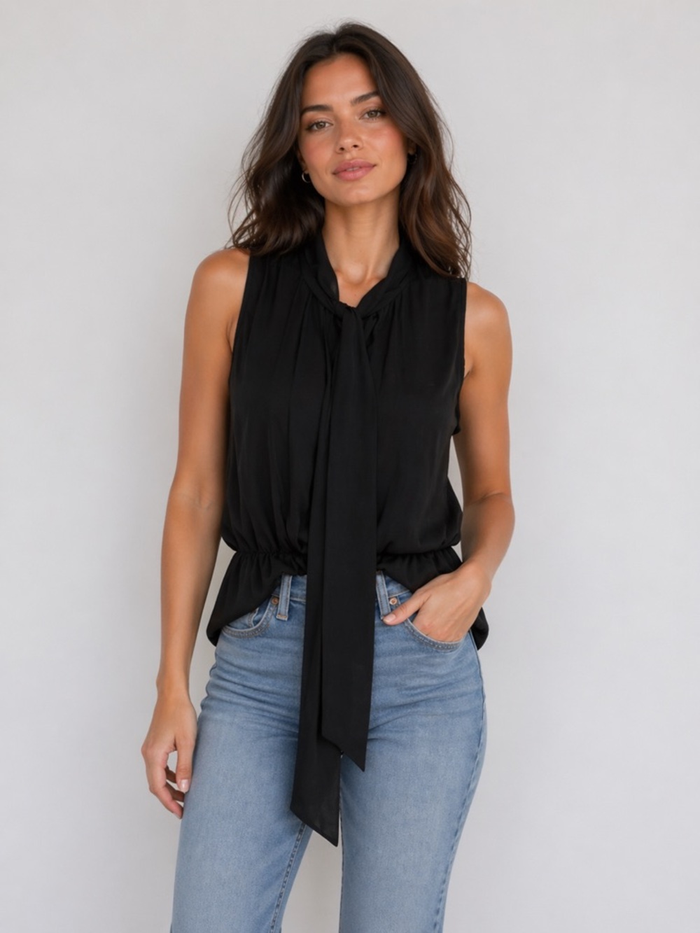 George Black Sleeveless Tie Neck Blouse Size L 12-14 Elastic Waist